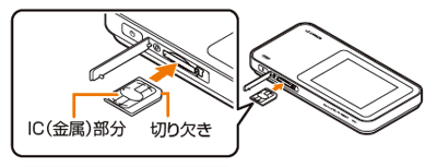 au Micro IC Card（LTE）を機器に差し込みます。IC（金属）面を上にして、図に示す切り欠き部分で方向を確認してから差し込んでください。カチッと音がするまで押し込みます。
