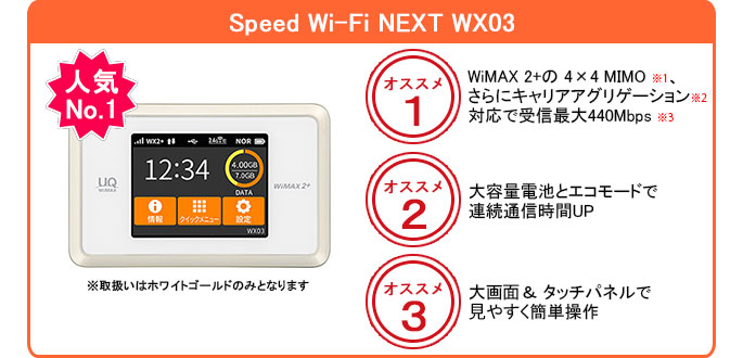 Speed Wi-Fi NEXT WX03　人気No.1　※取扱いはホワイトゴールドのみとなります